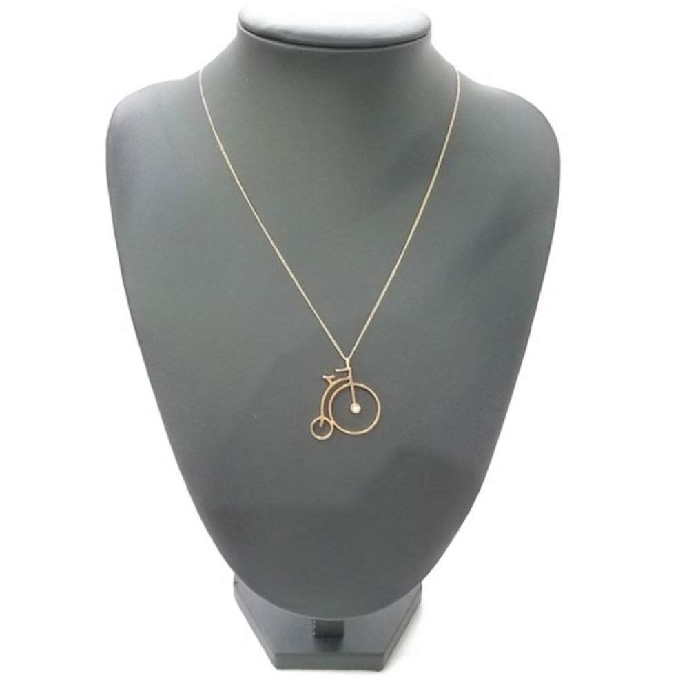 1mm Diamond 14K Yellow Gold High Wheel Bicycle 16 inch Necklace 2.4g - Picture 2 of 10